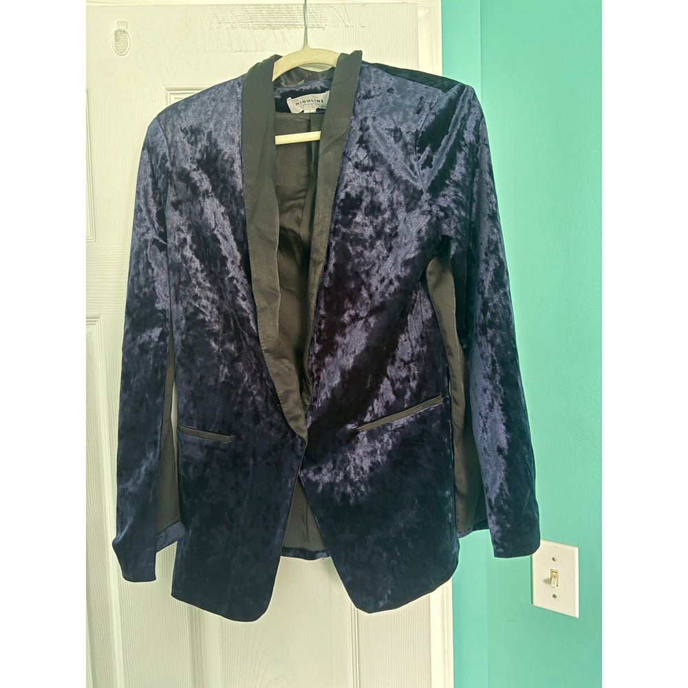 Highline Collective Navy Blue Crushed Velvet Blazer Satin Shawl Collar Size 2